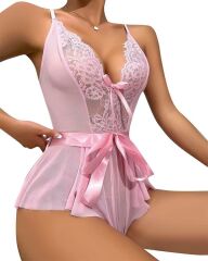 Scarlest Pembe Dantel İşlemeli Kurdelalı Fantezi Tül Babydoll