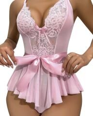 Scarlest Pembe Dantel İşlemeli Kurdelalı Fantezi Tül Babydoll