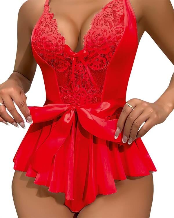 Scarlest Kırmızı Dantel İşlemeli Kurdelalı Fantezi Tül Babydoll
