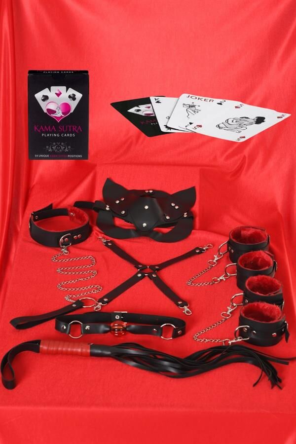 Scarlest Sexy Görselli Oyun Kartı Kama Sutra 7'li Kırmızı Siyah Harness Set