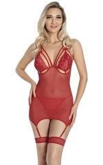 Scarlest Kırmızı Dantel İşlemeli Göğüs İp Detaylı Fantezi Jartiyer Takımı