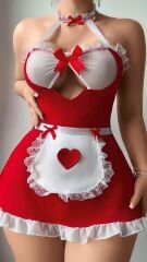 Scarlest Kırmızı Beyaz Dantel İşlemeli Kalp Detaylı Fantezi Fransız Hizmetçi Kostümü