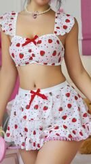 Scarlest Beyaz Çilek Desenli Etekli Fantezi Sütyen Takım