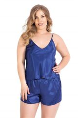 Scarlest Büyük Beden Saks Saten Babydoll Şort Takımı