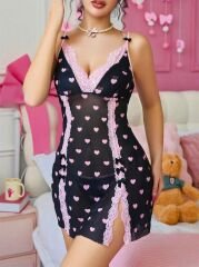 Scarlest Siyah Kalp Desenli Dantel İşlemeli Fantezi Gecelik