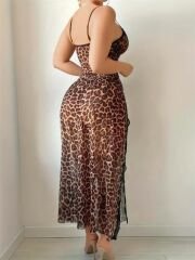 Scarlest Leopar Desenli Yırtmaçlı Fantezi Uzun Gecelik