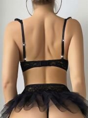 Scarlest Siyah Dantel İşlemeli Püsküllü Fantezi Jartiyer Takımı