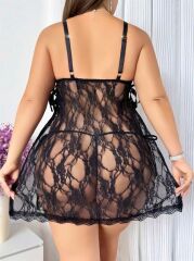 Scarlest Büyük Beden Siyah Dantel İşlemeli Fantezi Tül Gecelik