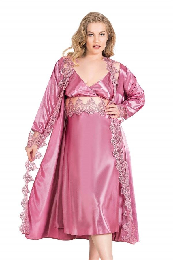 Scarlest Büyük Beden Gül Kurusu Uzun İkili Saten Sabahlık Gecelik Takımı