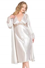 Scarlest Büyük Beden Ekru Uzun İkili Saten Sabahlık Gecelik Takımı