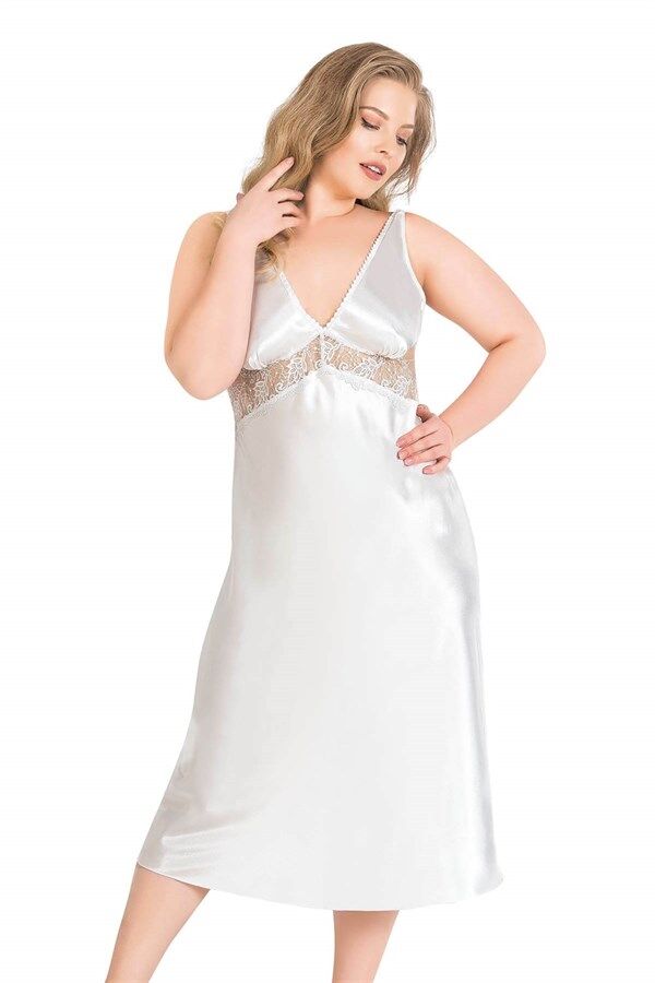 Scarlest Büyük Beden Ekru Uzun İkili Saten Sabahlık Gecelik Takımı