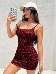 Scarlest Kırmızı Leopar Desenli Büzgülü Fantezi Elbise