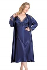 Scarlest Büyük Beden Lacivert Uzun İkili Saten Sabahlık Gecelik Takımı
