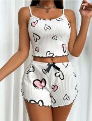 Scarlest Beyaz Üstüne Kalp Desenli Askılı Şortlu Pijama Takımı