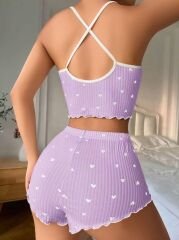 Scarlest Lila Üstüne Beyaz Kalp Desenli Askılı Şortlu Pijama Takımı