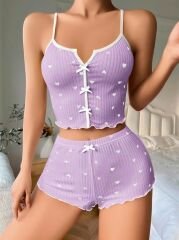 Scarlest Lila Üstüne Beyaz Kalp Desenli Askılı Şortlu Pijama Takımı