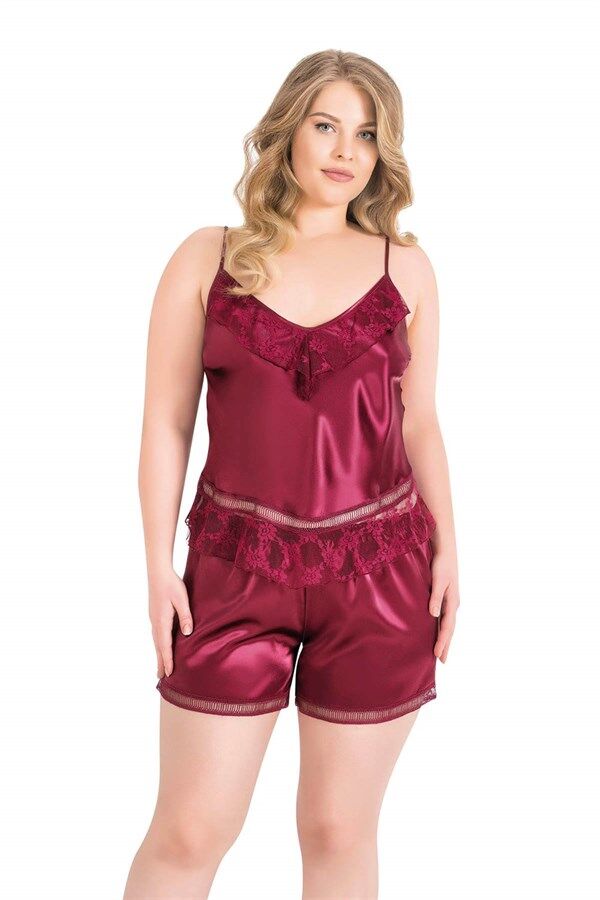 Scarlest Büyük Beden Bordo Saten Babydoll Şort Takımı