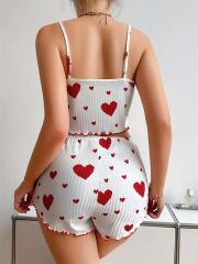 Scarlest Pamuklu Beyaz Üstüne Kırmızı Kalp Desenli Askılı Şortlu Pijama Takımı