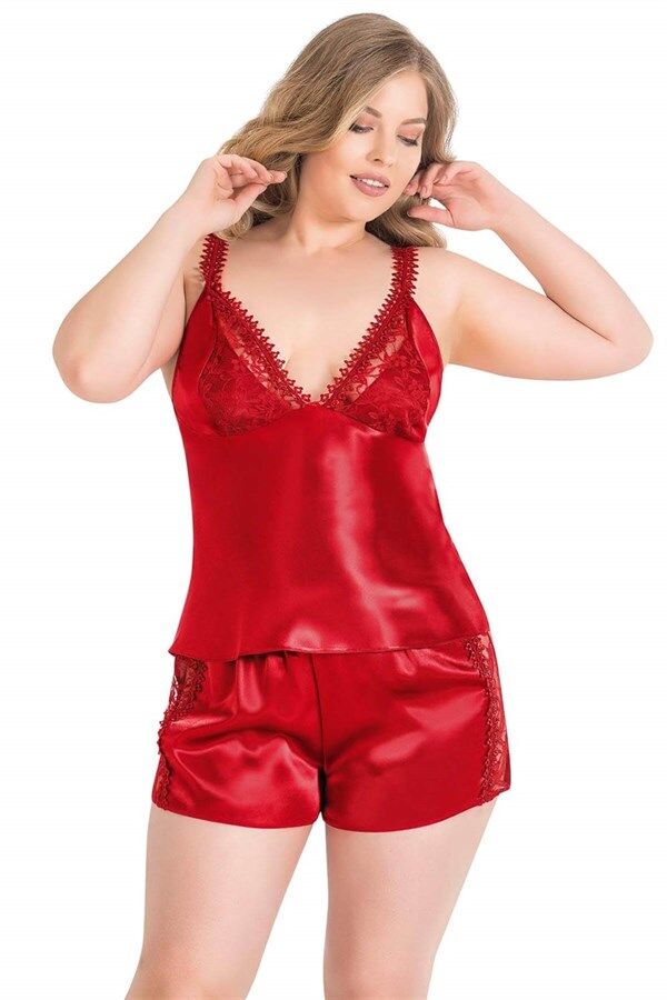 Scarlest Büyük Beden Kırmızı Saten Babydoll Şort Takımı