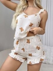 Scarlest Pamuklu Ayıcık Desen Fırfırlı Askılı Şortlu Pijama Takımı