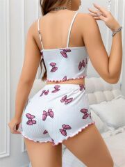 Scarlest Pamuklu Beyaz Üstüne Pembe Kurdela Desenli Fitilli Askılı Şortlu Pijama Takımı