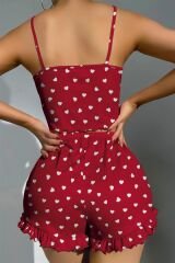 Scarlest Pamuklu Kırmızı Üstüne Beyaz Kalp Desen Fitilli Askılı Şortlu Pijama Takımı