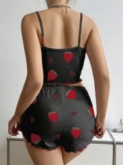 Scarlest Pamuklu Siyah Üstüne Çilek Desen Fitilli Askılı Şortlu Pijama Takımı