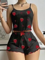 Scarlest Pamuklu Siyah Üstüne Çilek Desen Fitilli Askılı Şortlu Pijama Takımı