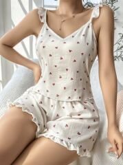 Scarlest Pamuklu Beyaz Üstüne Kiraz Desen Fırfır Askılı Şortlu Pijama Takımı