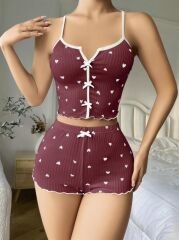 Scarlest Pamuklu Kahverengi Üstüne Beyaz Kalp Desen Fitilli Askılı Şortlu Pijama Takımı