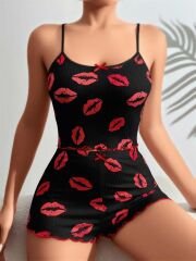 Scarlest Pamuklu Kiss Öpücük Desen Siyah Fitilli Şortlu Pijama Takımı