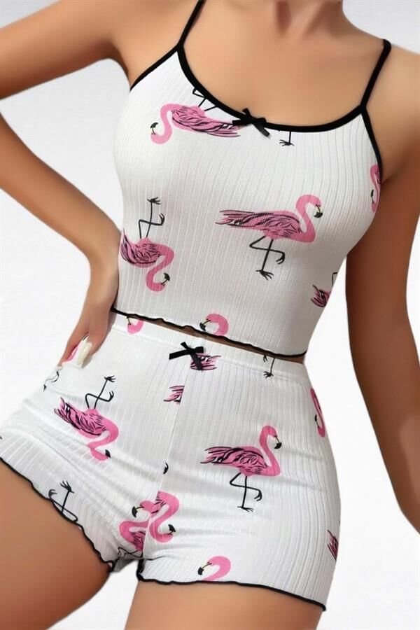 Scarlest Pamuklu Beyaz Üstüne Pelikan Desen Fitilli Askılı Şortlu Pijama Takımı