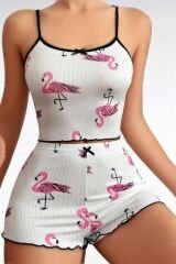 Scarlest Pamuklu Beyaz Üstüne Pelikan Desen Fitilli Askılı Şortlu Pijama Takımı