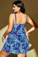 Scarlest Büyük Beden Mavi Üstüne Yaprak Desenli Yırtmaçlı Gecelik