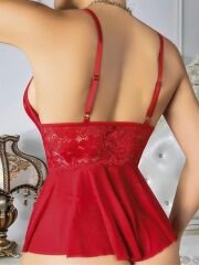 Scarlest Kırmızı Dantel İşlemeli Fantezi Body Gecelik