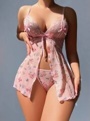 Scarlest Pembe Dantel İşlemeli Çiçek Desenli Fantezi Gecelik