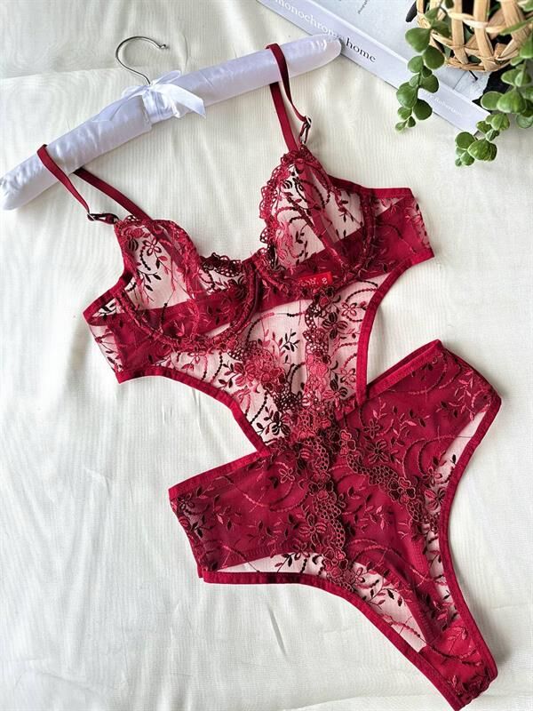 Scarlest Çiçek Desenli Bordo Bodysuit