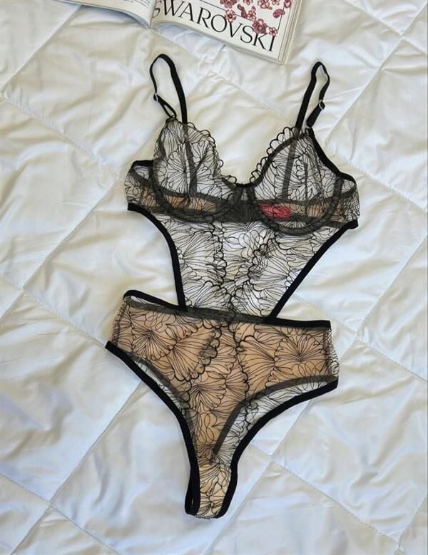 Scarlest Desenli Ten Siyah Bodysuit