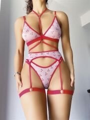 Scarlest Kiraz Desenli Bacak Bantlı Fantezi Jartiyer Takımı