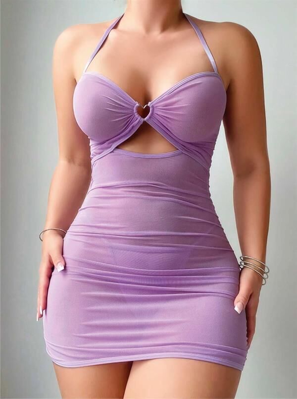 Scarlest Lila Göğüs Dekolteli Transparan Fantezi Tül Gecelik