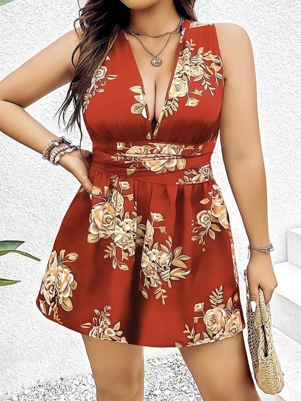 Scarlest Büyük Beden Kahverengi Üstüne Çiçek Desenli Sırt Detaylı Elbise