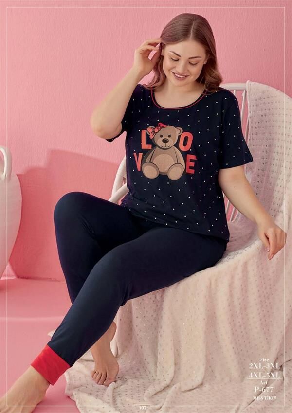 Scarlest Büyük Beden Pamuklu Love Bear Ayıcık Desenli Lacivert Kısa Kol Pijama Takımı