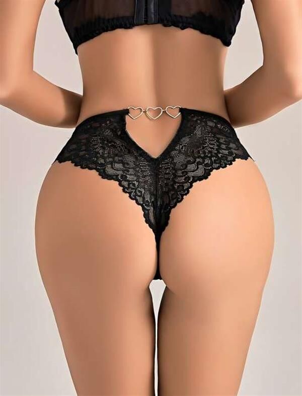 Scarlest Siyah Dantel İşlemeli Arkası Kalp Detaylı Fantezi String Tanga