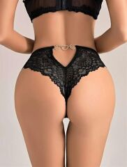 Scarlest Siyah Dantel İşlemeli Arkası Kalp Detaylı Fantezi String Tanga