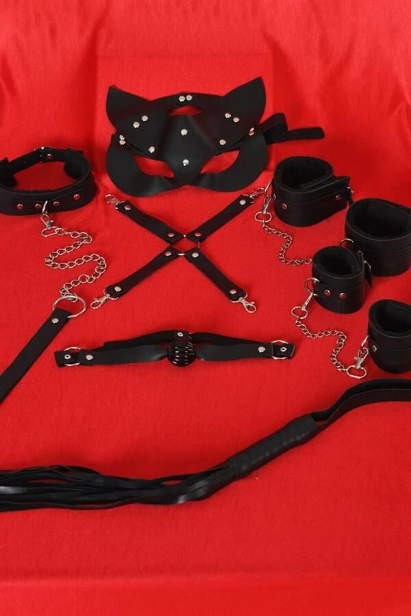 Scarlest Siyah İçi Tüylü Maske,Kol,Bacak,Ağız Topu,Kırbaç,Tasma Set