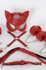 Scarlest Kırmızı İçi Tüylü Maske,Kol,Bacak,Ağız Topu,Kırbaç,Tasma Harness Set