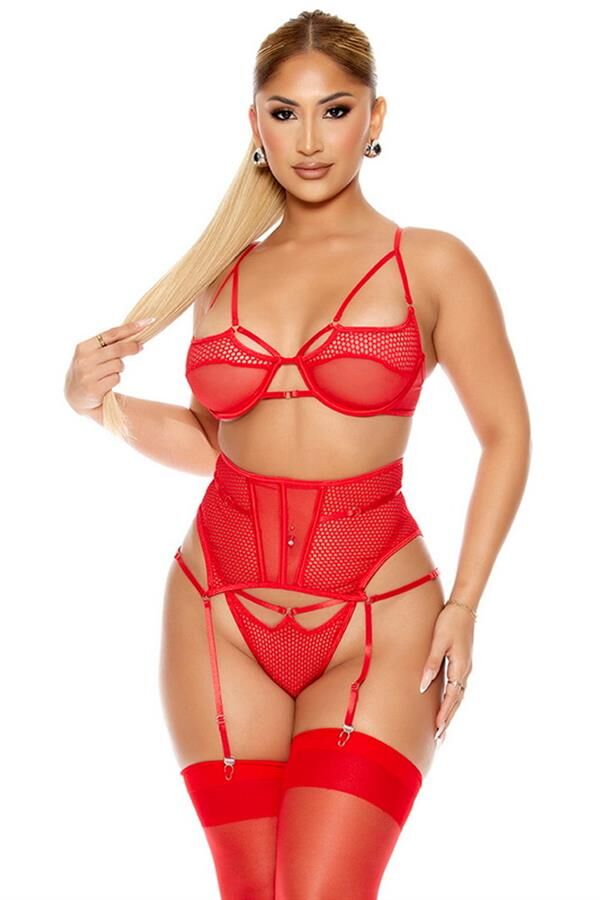 Scarlest Fantezi File Tül Detaylı Kırmızı Jartiyer  Takım