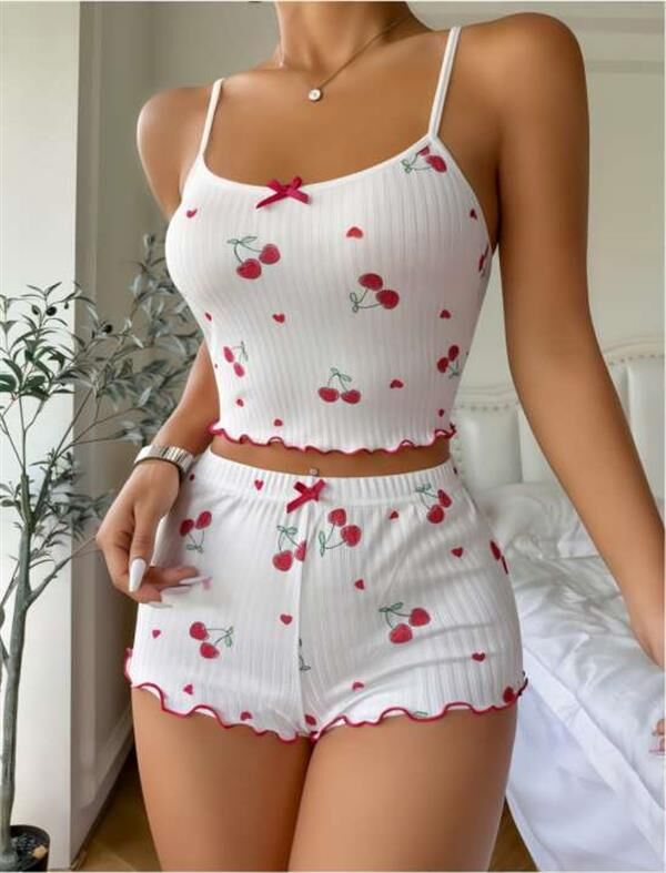 Scarlest Beyaz Kiraz Desenli Askılı Şortlu Pijama Takımı