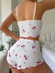 Scarlest Beyaz Kiraz Desenli Askılı Şortlu Pijama Takımı