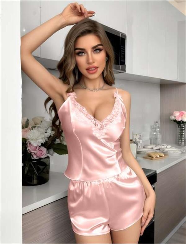 Scarlest Pembe Dantel İşlemeli İnce Askılı Saten Şortlu Takım